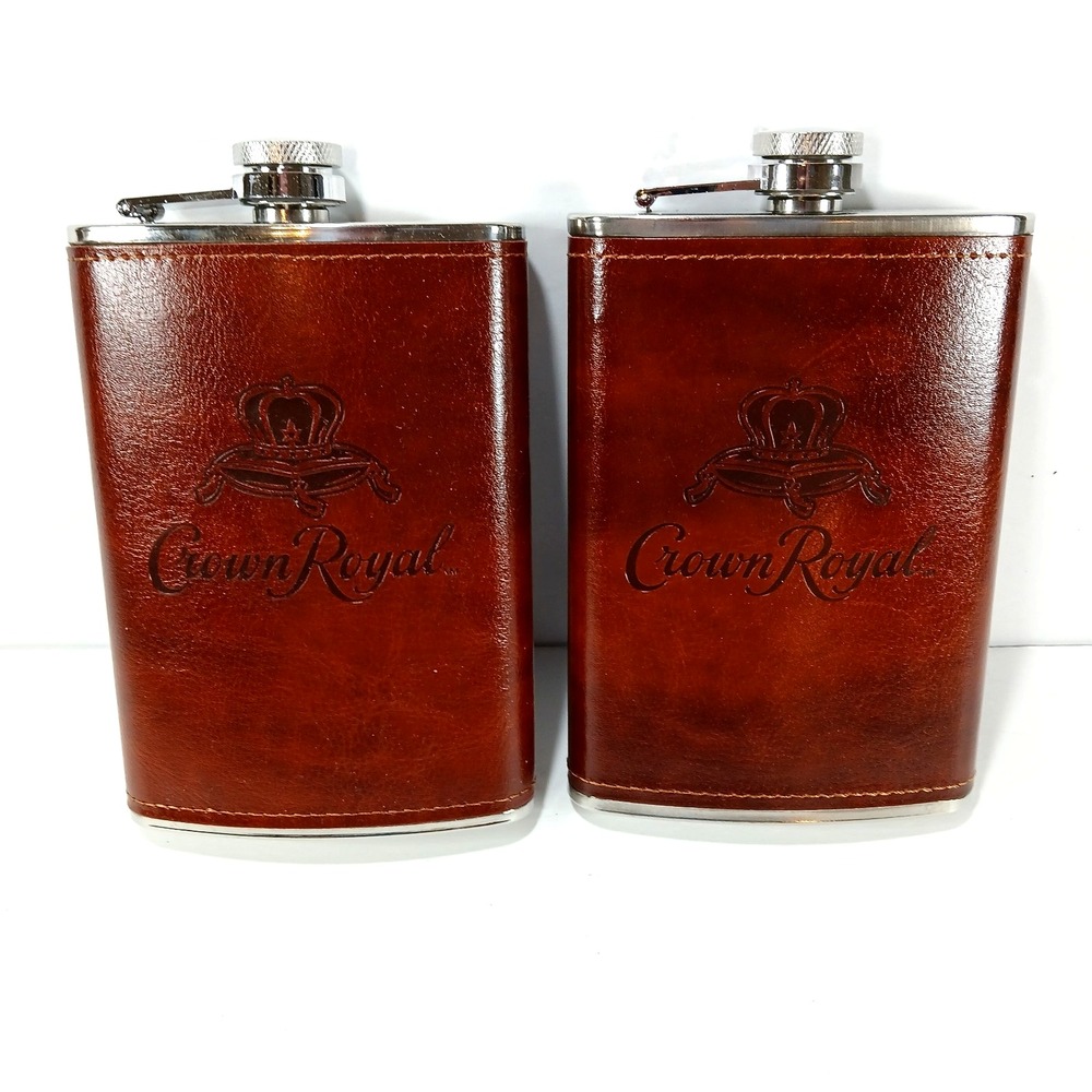 2 Crown Royal Faux Leather Whisky Flasks Engraved Collectible Brand New 8 oz